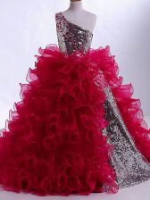  Organza and Sequined One Shoulder Sleeveless Zipper Ruffles and Sequins Custom Made in Wine Red
