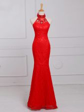 Top Selling Sleeveless Lace Floor Length Zipper Homecoming Dress in Red with Beading and Lace