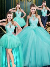  Aqua Blue Ball Gowns Tulle Halter Top Sleeveless Beading and Pick Ups Floor Length Lace Up 15 Quinceanera Dress