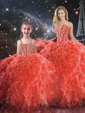 Popular Coral Red Vestidos de Quinceanera Military Ball and Sweet 16 and Quinceanera with Beading and Ruffles Sweetheart Sleeveless Lace Up