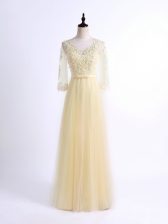 Hot Sale Light Yellow Half Sleeves Lace Floor Length Quinceanera Dama Dress
