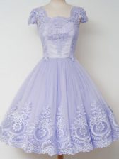 Super Lavender Cap Sleeves Tulle Zipper Damas Dress for Prom and Party and Wedding Party