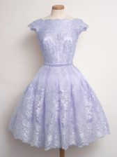 High End Lavender Scalloped Lace Up Lace Quinceanera Court Dresses Cap Sleeves