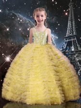  Champagne Lace Up Little Girls Pageant Gowns Beading and Ruffled Layers Sleeveless Floor Length