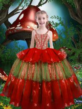  Red Ball Gowns Beading and Ruffled Layers Child Pageant Dress Lace Up Organza Sleeveless Floor Length