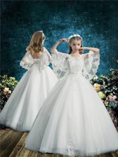 High Class White Toddler Flower Girl Dress Wedding Party with Lace Scoop Half Sleeves Lace Up