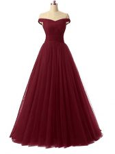 Traditional Sleeveless Tulle Floor Length Lace Up Prom Dress in Burgundy with Ruching