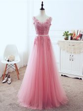 Inexpensive Pink Tulle Lace Up V-neck Sleeveless Floor Length Prom Dresses Lace and Appliques and Belt