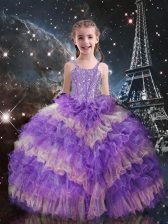  Floor Length Lilac Little Girls Pageant Gowns Straps Sleeveless Lace Up