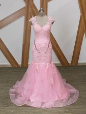  Baby Pink Prom Dress V-neck Cap Sleeves Backless