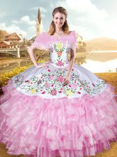 New Arrival Rose Pink Lace Up Quinceanera Dress Embroidery and Ruffled Layers Sleeveless Floor Length