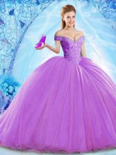 Lovely Off The Shoulder Sleeveless Organza Quince Ball Gowns Beading Brush Train Lace Up