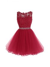  Burgundy A-line Beading and Lace and Appliques Zipper Organza Sleeveless Mini Length