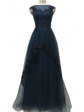 Decent Lace and Appliques Dress for Prom Navy Blue Zipper Sleeveless Floor Length