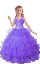  Lilac Sleeveless Floor Length Beading and Ruffled Layers Zipper Child Pageant Dress