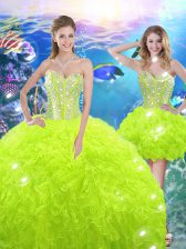  Sleeveless Floor Length Beading and Ruffles Lace Up 15 Quinceanera Dress with Yellow Green