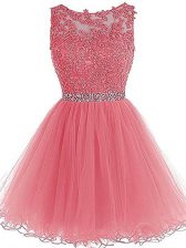 Hot Sale A-line Prom Dress Pink Scoop Tulle Sleeveless Mini Length Zipper