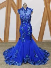 Royal Blue High-neck Neckline Lace and Appliques Prom Dress Sleeveless Backless