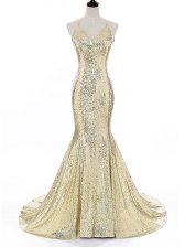 Popular Gold Mermaid Sequined Straps Sleeveless Sequins Backless Prom Dresses Brush Train