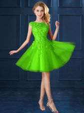  A-line Quinceanera Dama Dress Bateau Tulle Cap Sleeves Knee Length Lace Up