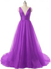 Admirable Eggplant Purple Backless V-neck Ruching Prom Gown Organza Sleeveless