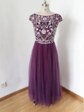  Empire Prom Evening Gown Eggplant Purple Scoop Tulle Short Sleeves Zipper