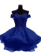 Great Royal Blue A-line Off The Shoulder Sleeveless Organza Mini Length Zipper Beading and Lace and Appliques and Ruffles Evening Dress