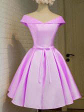 Sweet Lilac Cap Sleeves Knee Length Belt Lace Up Vestidos de Damas