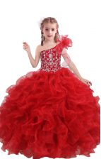 Simple Floor Length Red Teens Party Dress One Shoulder Sleeveless Lace Up