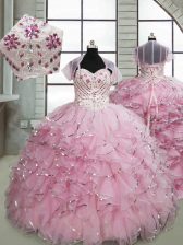  Baby Pink Ball Gowns Beading and Ruffles Little Girls Pageant Gowns Lace Up Organza Sleeveless