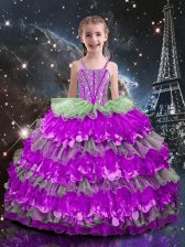  Sleeveless Floor Length Beading and Ruffled Layers Lace Up Party Dress for Toddlers with Multi-color