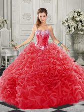 Enchanting Red Ball Gowns Beading and Ruffles Sweet 16 Dress Lace Up Organza Sleeveless