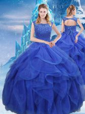  Royal Blue Organza Lace Up Bateau Sleeveless Floor Length Quince Ball Gowns Ruffles and Sequins