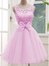 Ideal Lilac A-line Tulle Scoop Sleeveless Lace and Bowknot Knee Length Lace Up Dama Dress