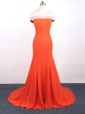 New Arrival Orange Red Mermaid Chiffon Straps Sleeveless Lace and Appliques Side Zipper Prom Dress Watteau Train