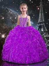  Floor Length Lace Up Party Dress Wholesale Eggplant Purple for Quinceanera and Wedding Party with Beading and Ruffles