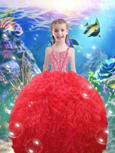  Coral Red Womens Party Dresses Quinceanera and Wedding Party with Beading and Ruffles Straps Sleeveless Lace Up
