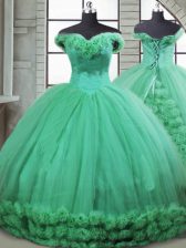 Romantic Ball Gowns Sleeveless Turquoise 15th Birthday Dress Brush Train Lace Up