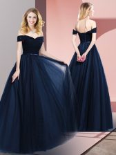 Shining Tulle Off The Shoulder Sleeveless Lace Up Beading and Ruching and Belt Homecoming Dress in Navy Blue