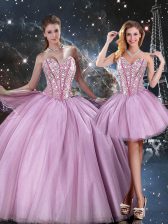  Sleeveless Tulle Floor Length Lace Up Vestidos de Quinceanera in Lilac with Beading