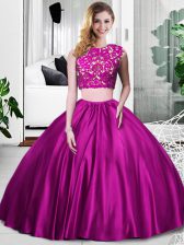 Fancy Fuchsia Sleeveless Lace and Ruching Floor Length Ball Gown Prom Dress