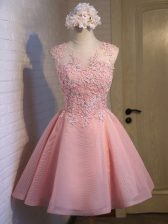  Mini Length Lace Up Court Dresses for Sweet 16 Pink for Prom and Party and Wedding Party with Lace