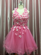  Pink A-line Halter Top Sleeveless Tulle Mini Length Backless Hand Made Flower Prom Party Dress