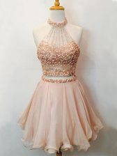  Champagne Quinceanera Dama Dress Prom and Party and Wedding Party with Beading Halter Top Sleeveless Lace Up