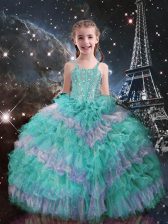 Beauteous Sleeveless Lace Up Floor Length Beading and Ruffled Layers Party Dress for Girls