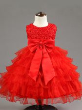 Red Organza Zipper Scoop Sleeveless Knee Length Girls Pageant Dresses Ruffled Layers and Bowknot