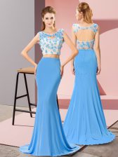 Eye-catching Backless Evening Dress Baby Blue for Prom and Beach with Beading and Hand Made Flower Brush Train