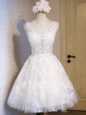  White Tulle Lace Up Scoop Sleeveless Mini Length Prom Dress Appliques