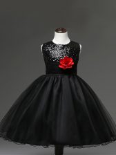 Superior Tulle Sleeveless Knee Length Kids Formal Wear and Sequins and Hand Made Flower