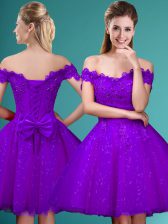 Custom Design Tulle Off The Shoulder Cap Sleeves Lace Up Lace and Belt Quinceanera Dama Dress in Eggplant Purple